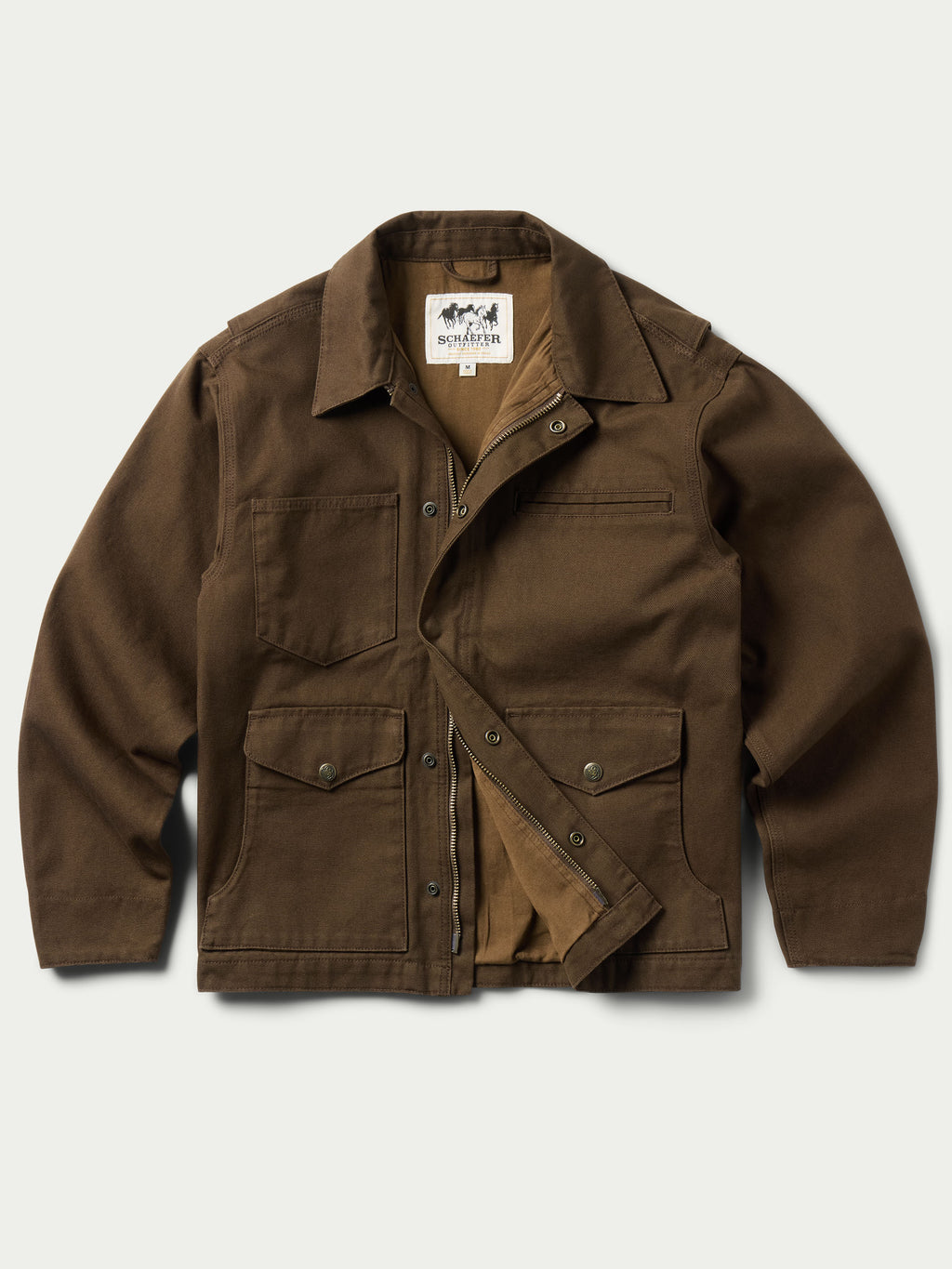 Hickory brown zip canvas jacket front view with flap pockets and snap buttons