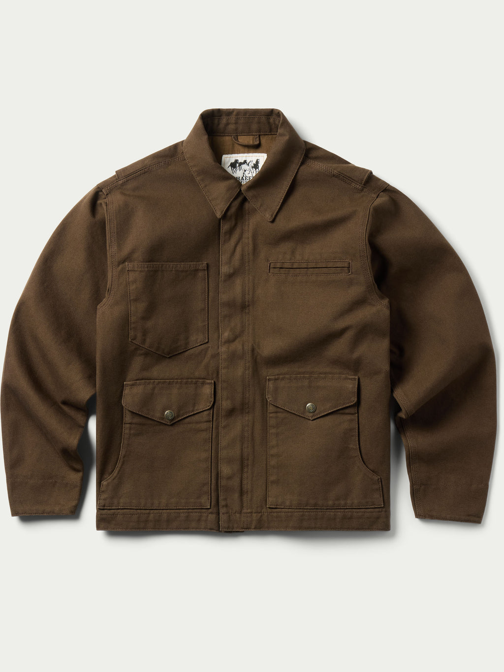 Hickory canvas zip jacket with button placket, two chest flap pockets, long sleeves