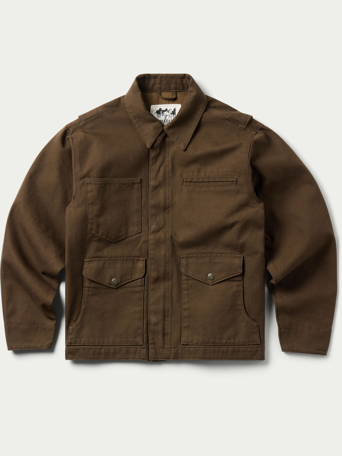 Hickory canvas zip jacket with button placket, two chest flap pockets, long sleeves