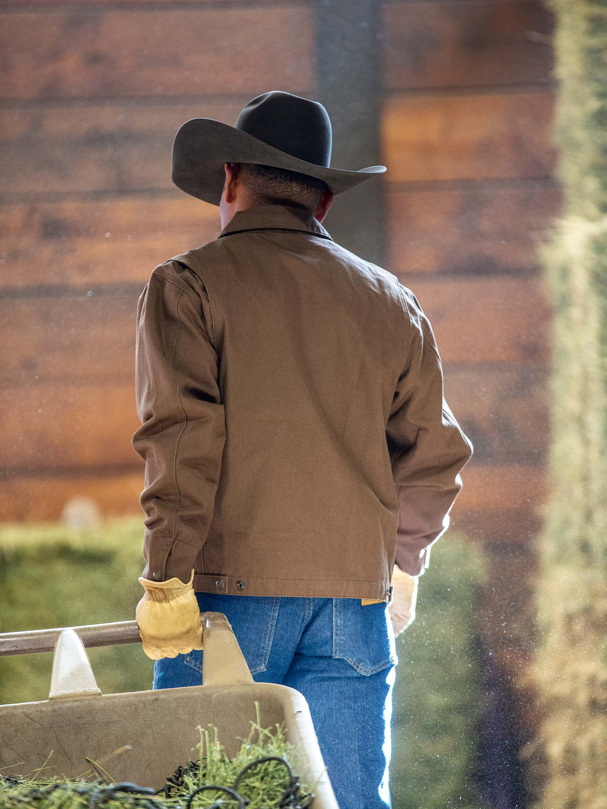 Hickory brown canvas jacket worn from the back with fitted yoke seam lines
