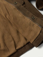Hickory canvas jacket detail: angled chest pocket with flap snaps and metal eyelets