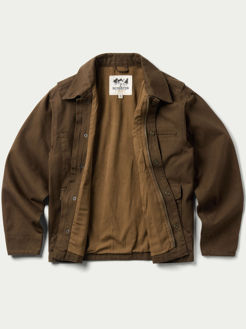 Hickory brown zip canvas jacket with snap front and multiple pockets