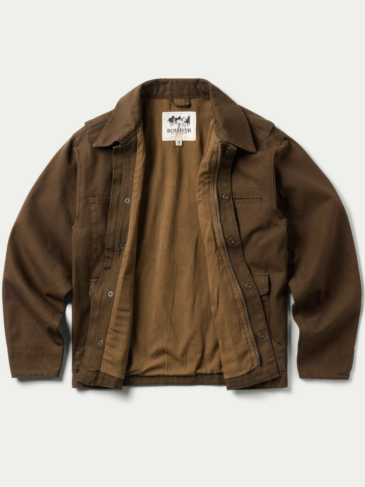 Hickory brown zip canvas jacket with snap front and multiple pockets