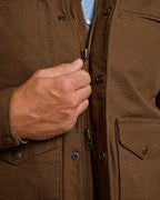 Hickory canvas jacket close-up of zipper with snap buttons and hand pulling it up