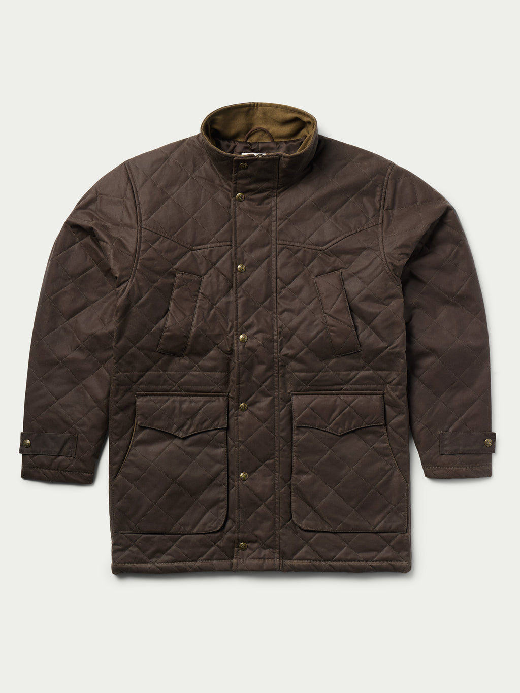 RangeWax® quilted jacket in dark brown with sherpa-lined stand collar and side buttons