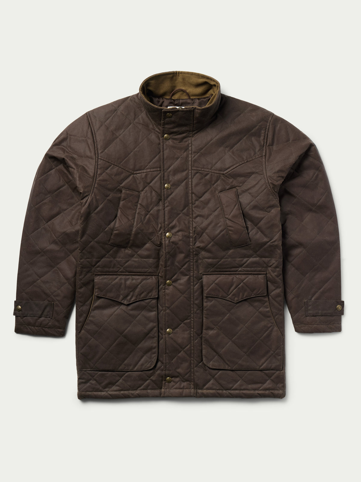 RangeWax® quilted jacket in dark brown with sherpa-lined stand collar and side buttons