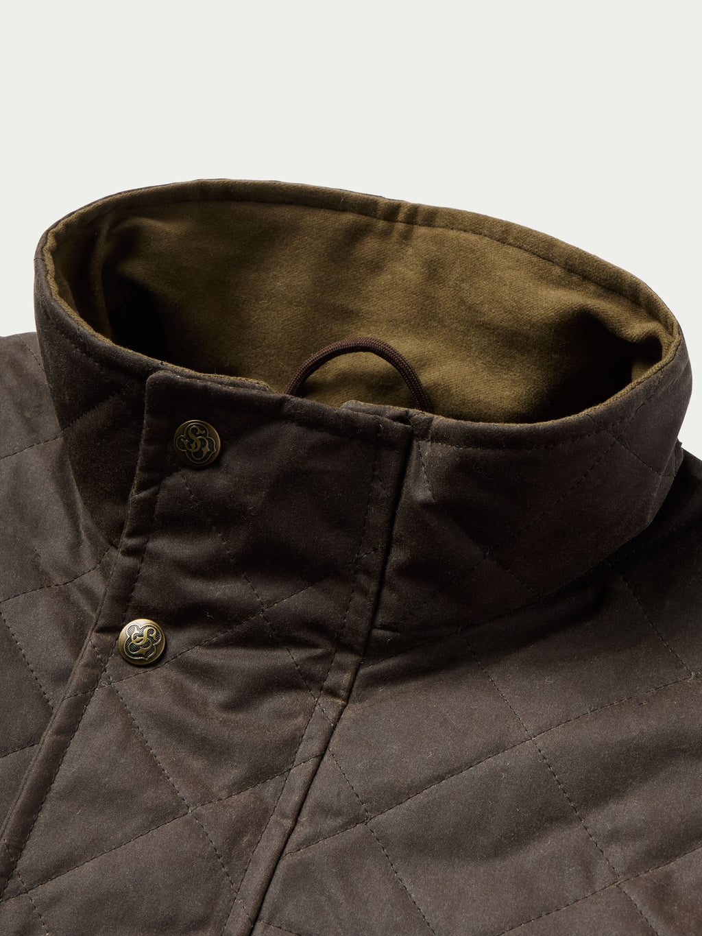 RangeWax® jacket close-up of stand collar lining and metal button placket