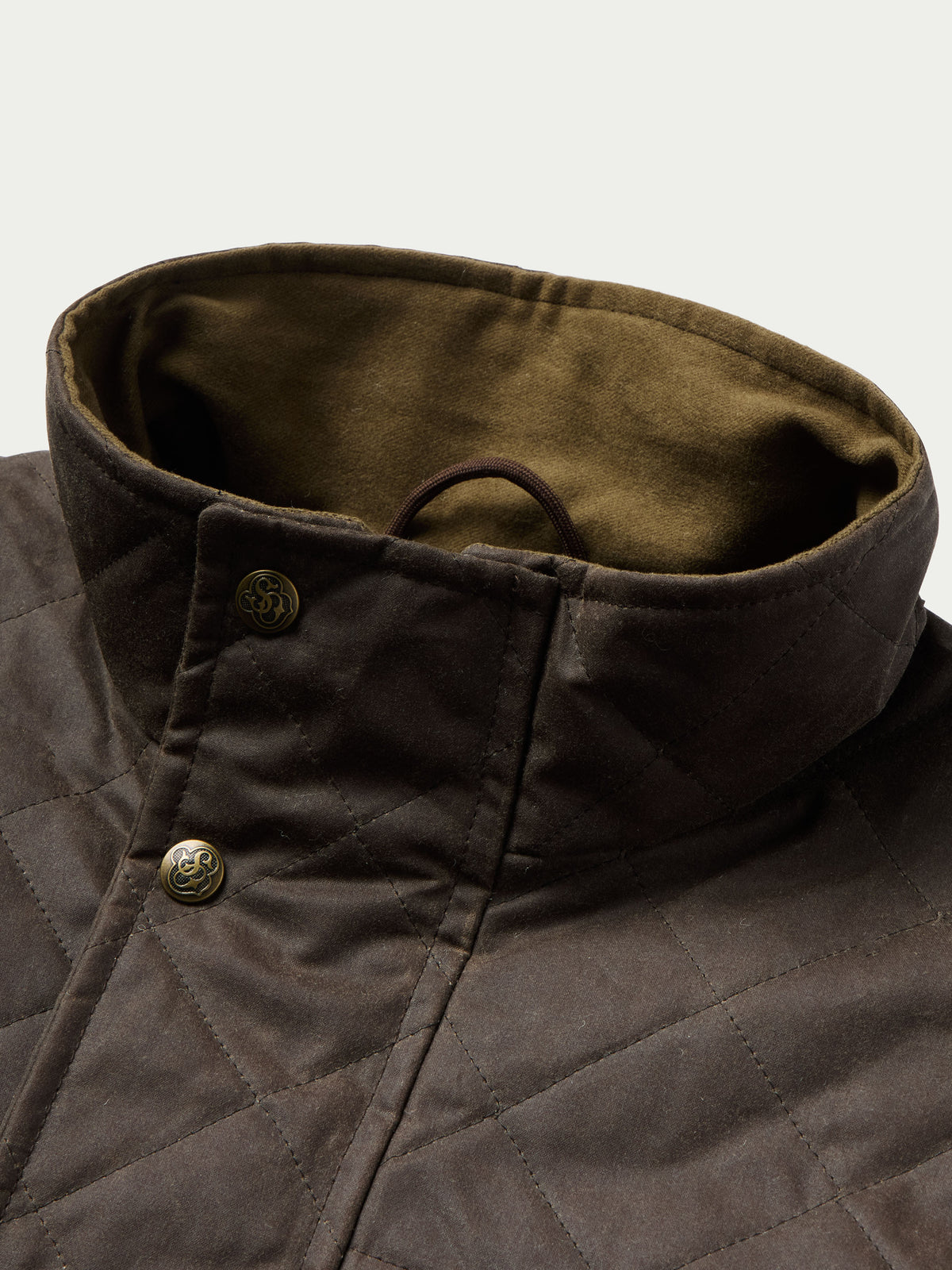 RangeWax® jacket close-up of stand collar lining and metal button placket