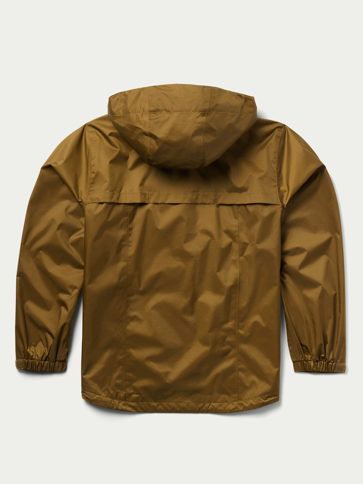 Men's brown rain jacket with attached hood and full-length sleeves