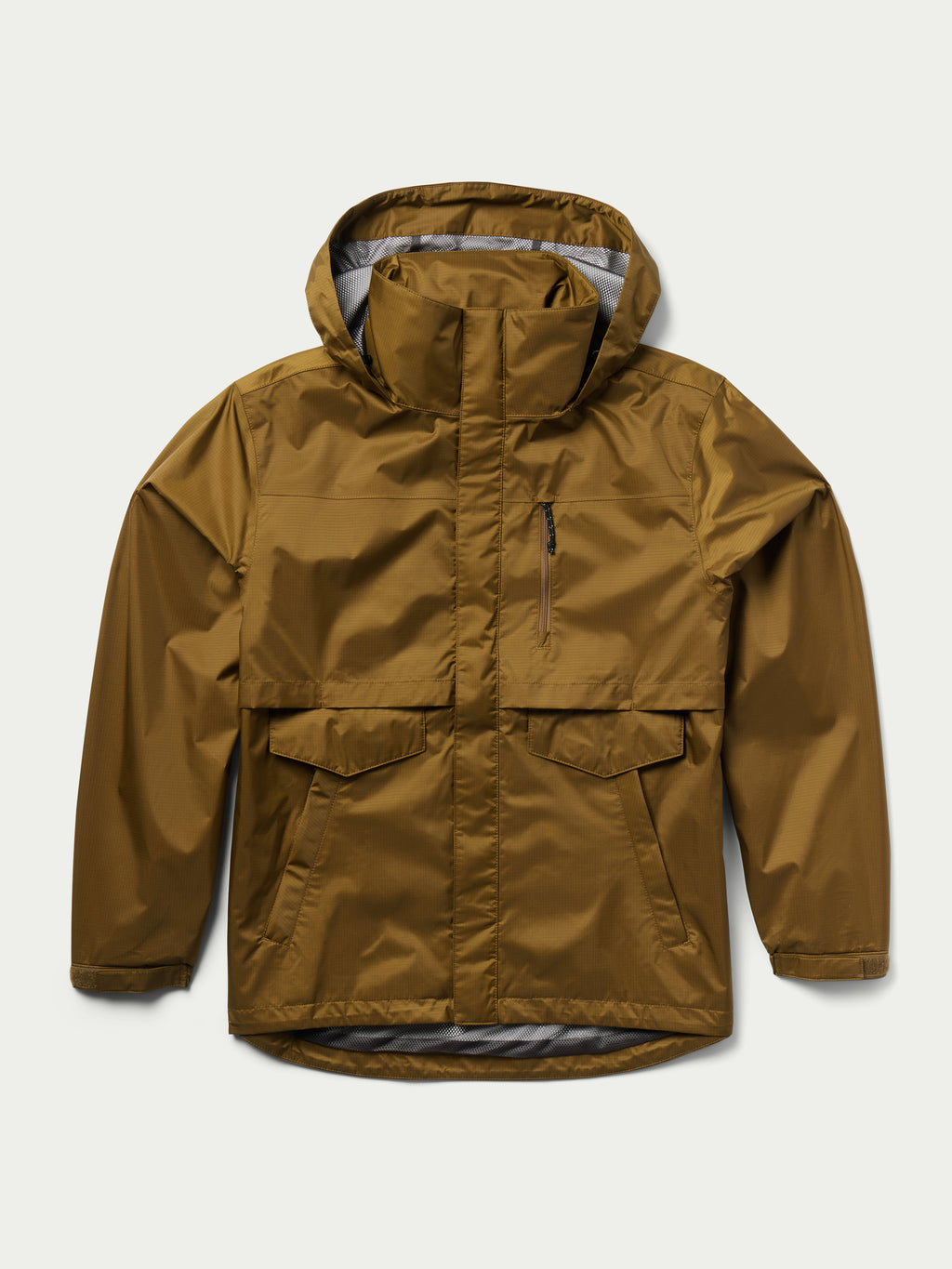 Men's brown rain jacket with two front flap pockets and hood