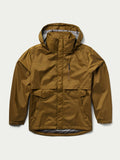 Men's brown rain jacket with two front flap pockets and hood