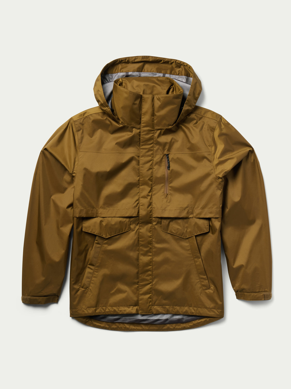 Men's brown rain jacket with two front flap pockets and hood