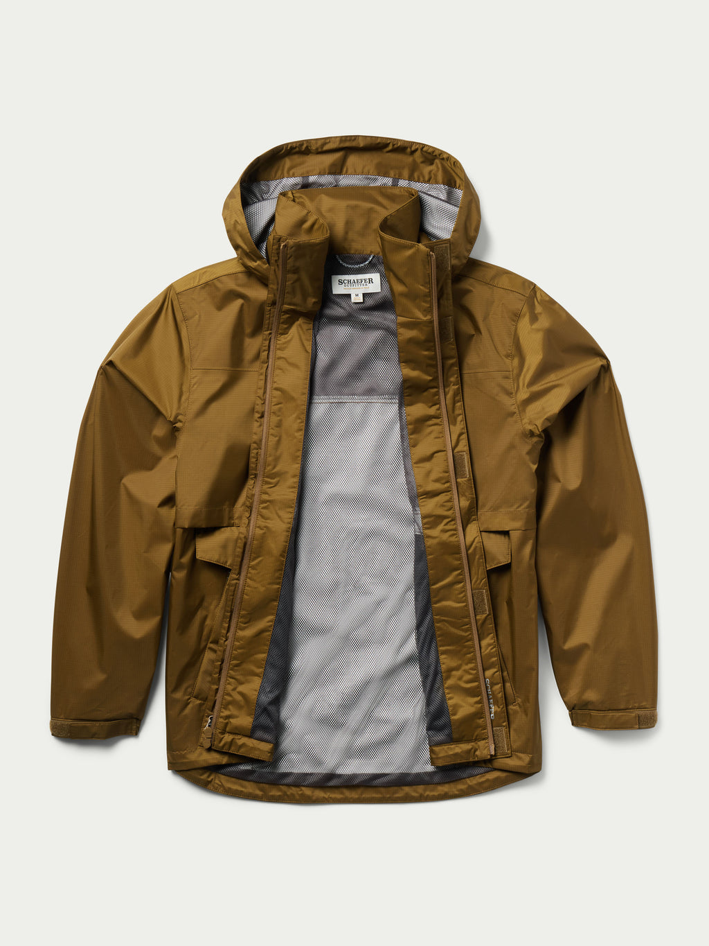 Men's brown rain jacket with mesh-lined hood and front zipper view