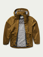 Men's brown rain jacket with mesh-lined hood and front zipper view