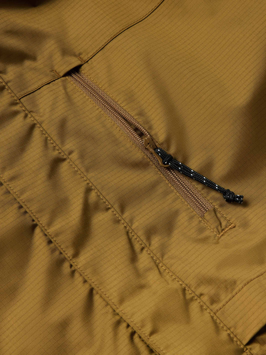 Brown rain jacket close-up of front zipper and stitched seams