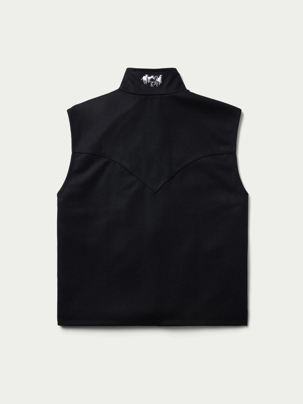 Black wool zip-front vest with stand collar and embroidered horse-logo at neck