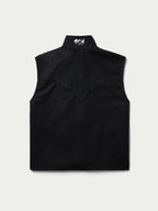 Black wool zip-front vest with stand collar and embroidered horse-logo at neck