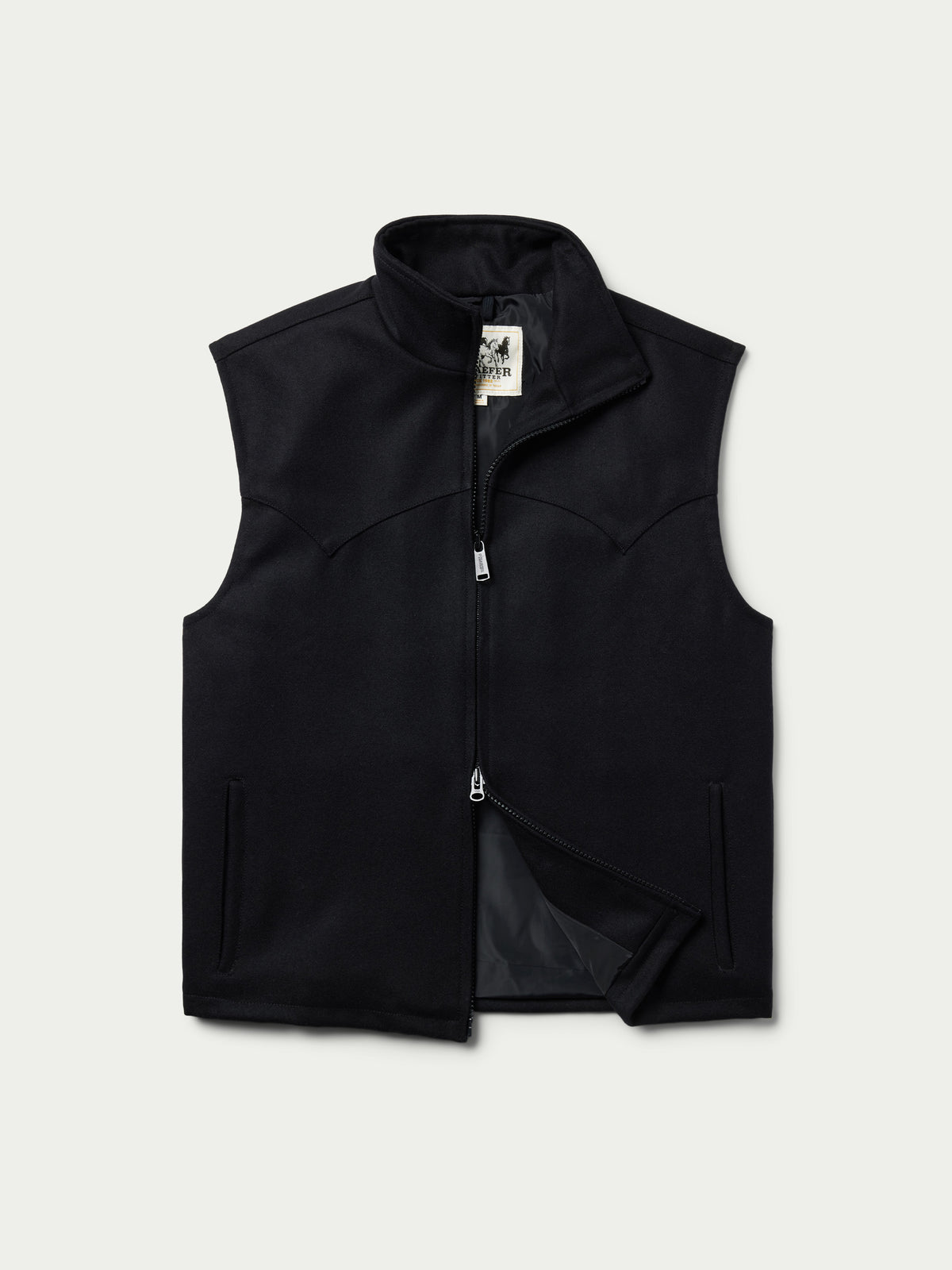 Black wool zip-up vest with stand collar and side hand pockets