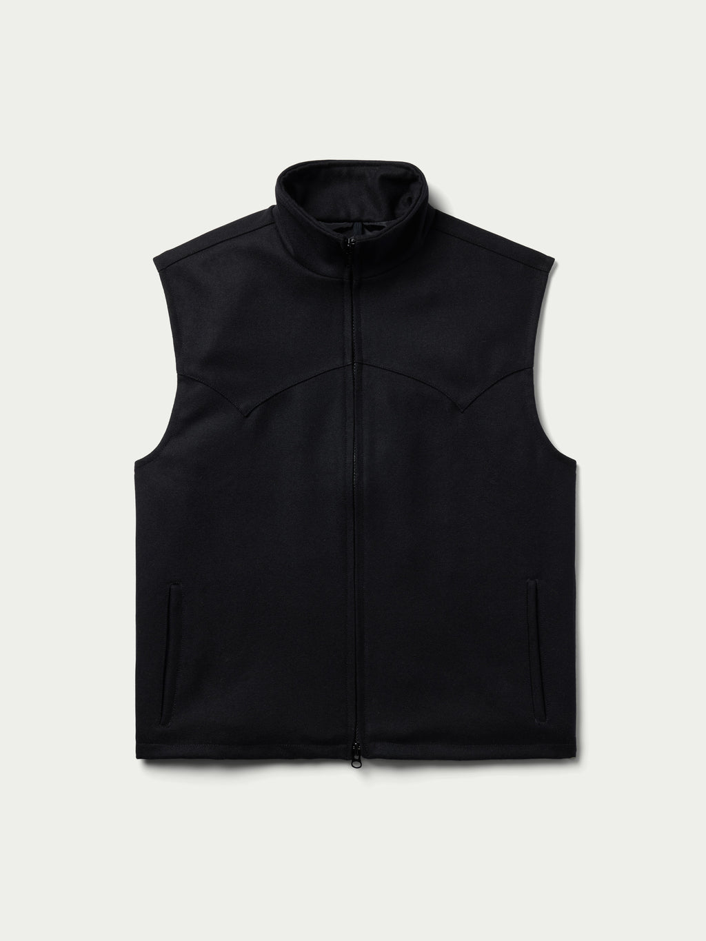 Black wool sleeveless vest with stand collar and central zipper