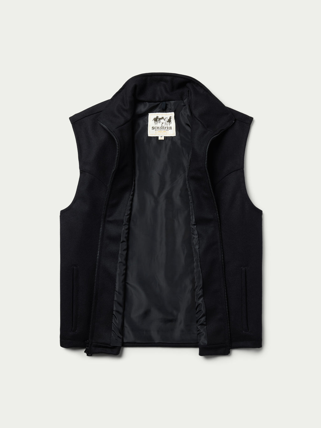 Black wool vest front with stand collar; inner lining and zipper visible