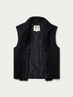 Black wool vest front with stand collar; inner lining and zipper visible