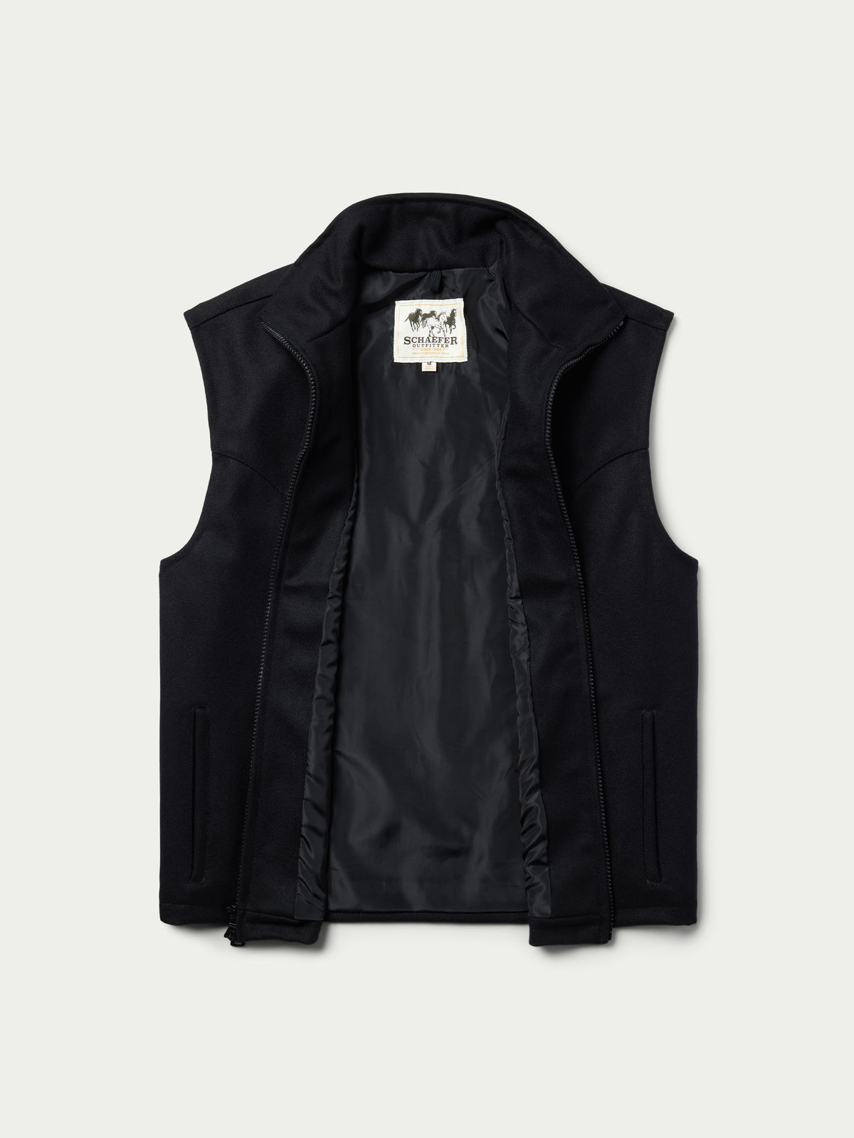 Black wool vest front with stand collar; inner lining and zipper visible