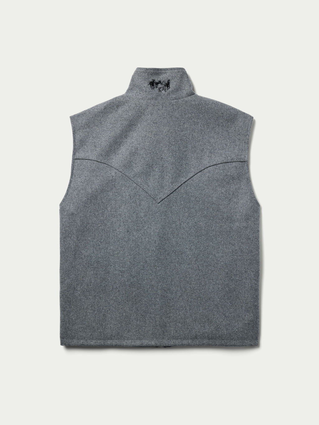 Heather gray sleeveless wool vest with stand collar and front zipper.