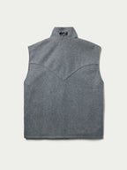 Heather gray sleeveless wool vest with stand collar and front zipper.