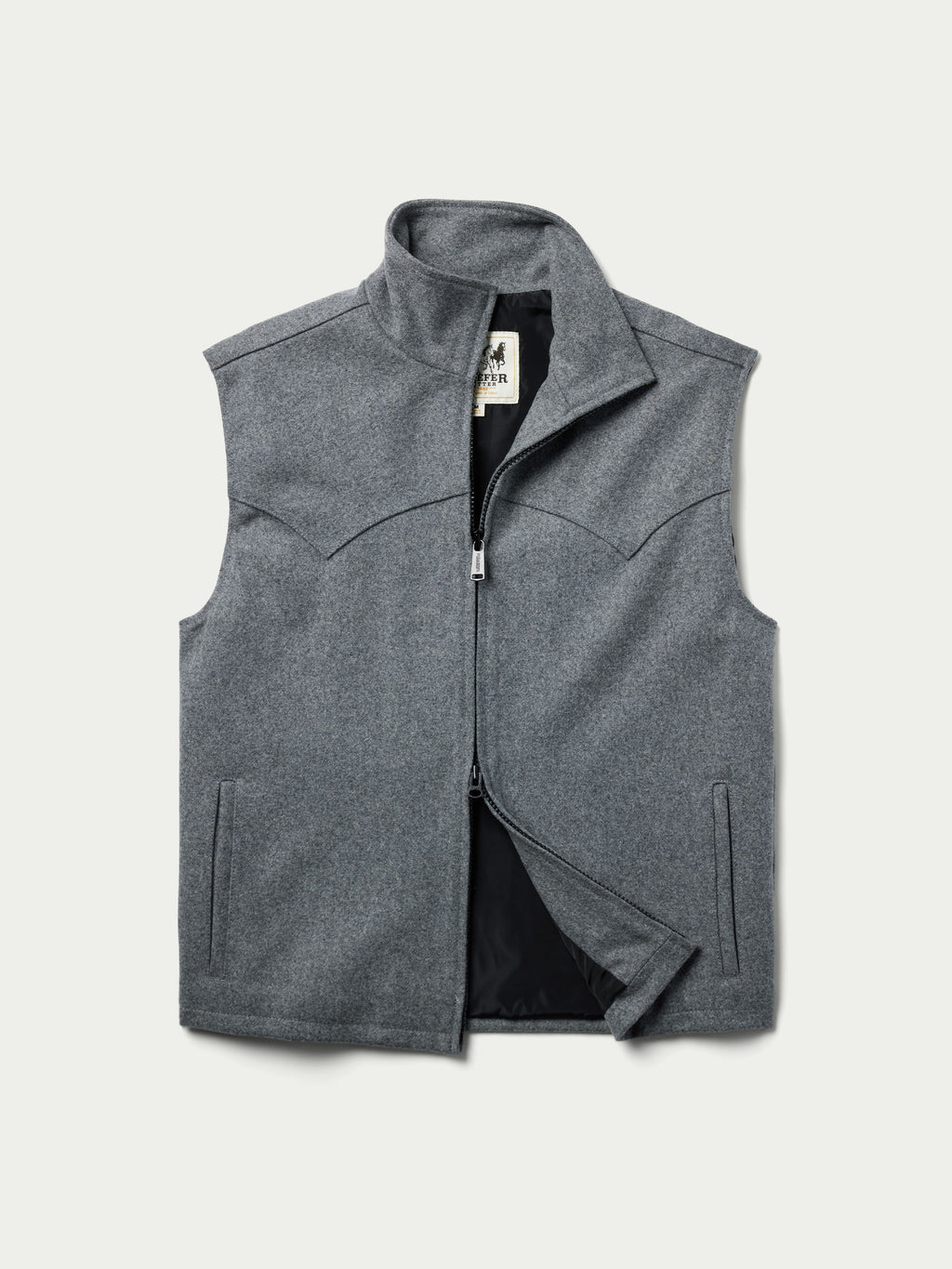 Heather gray wool vest with front zipper and dark inner lining, shown open.