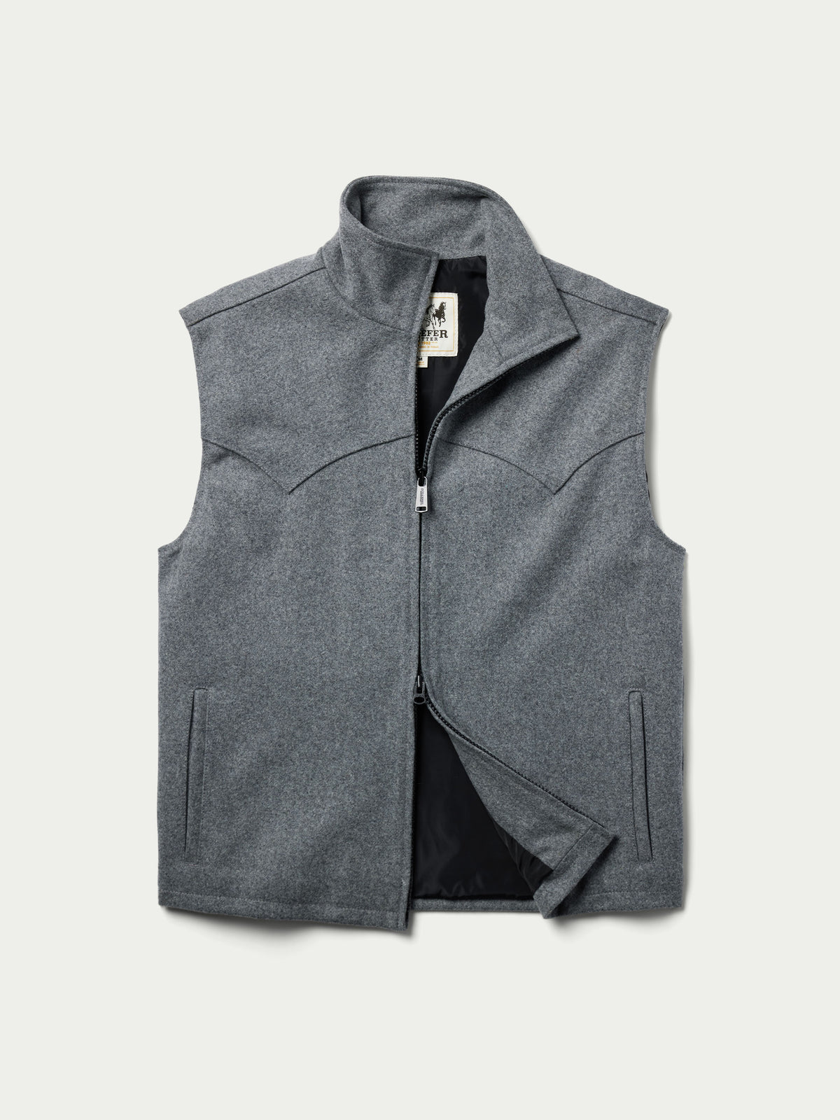 Heather gray wool vest with front zipper and dark inner lining, shown open.