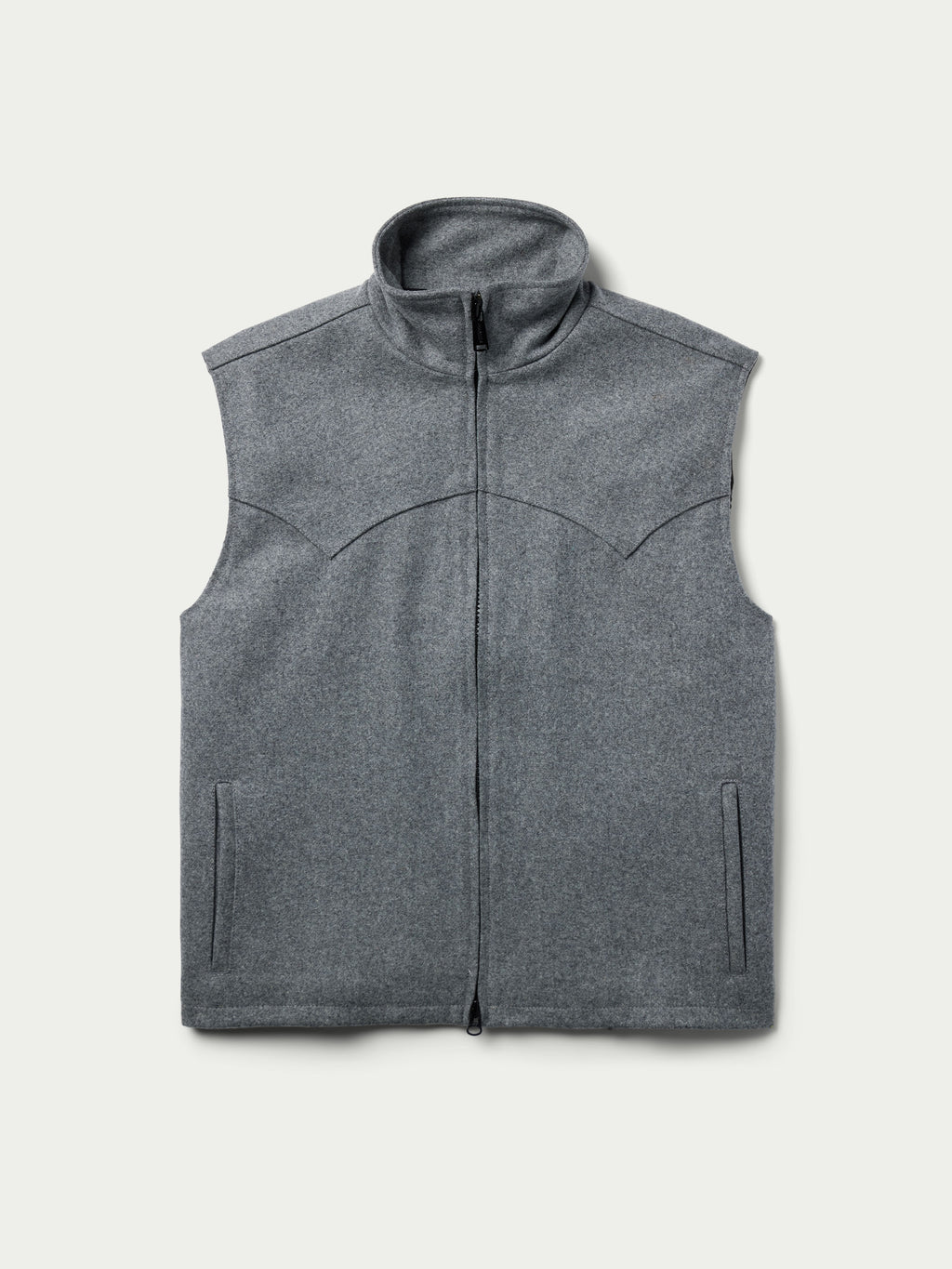Heather gray sleeveless wool zip vest with stand collar and side pockets.