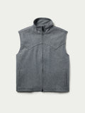 Heather gray sleeveless wool zip vest with stand collar and side pockets.