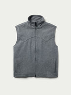 Heather gray sleeveless wool zip vest with stand collar and side pockets.
