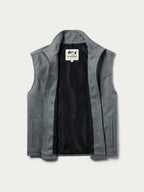 Heather gray wool zip vest with dark interior lining and brand label at collar.