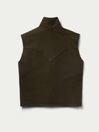 Loden wool arena vest, high stand collar and full-zip front, sleeveless jacket.