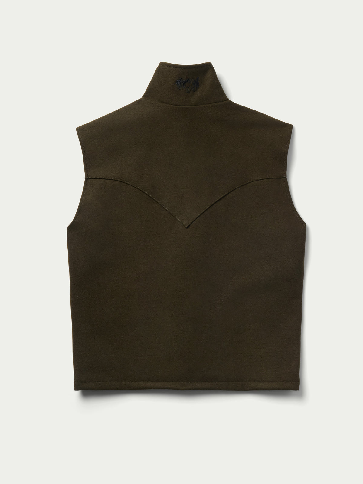Loden wool arena vest, high stand collar and full-zip front, sleeveless jacket.