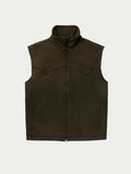 Loden wool arena vest with stand collar, full-zip front, and two side pockets.
