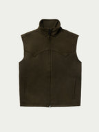 Loden wool arena vest with stand collar, full-zip front, and two side pockets.