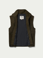 Loden wool arena vest inside view, stand collar and full-zip opening with lining.