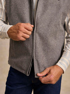 Heather gray wool vest close-up: full zipper front and textured knit
