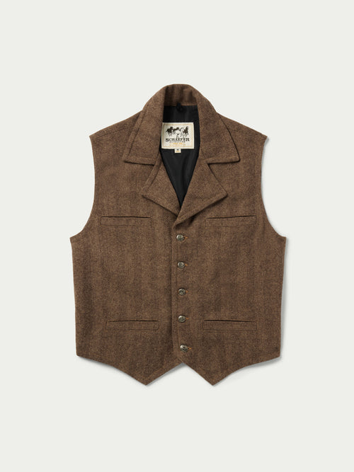 Taupe herringbone wool vest with notched lapels and five-button front