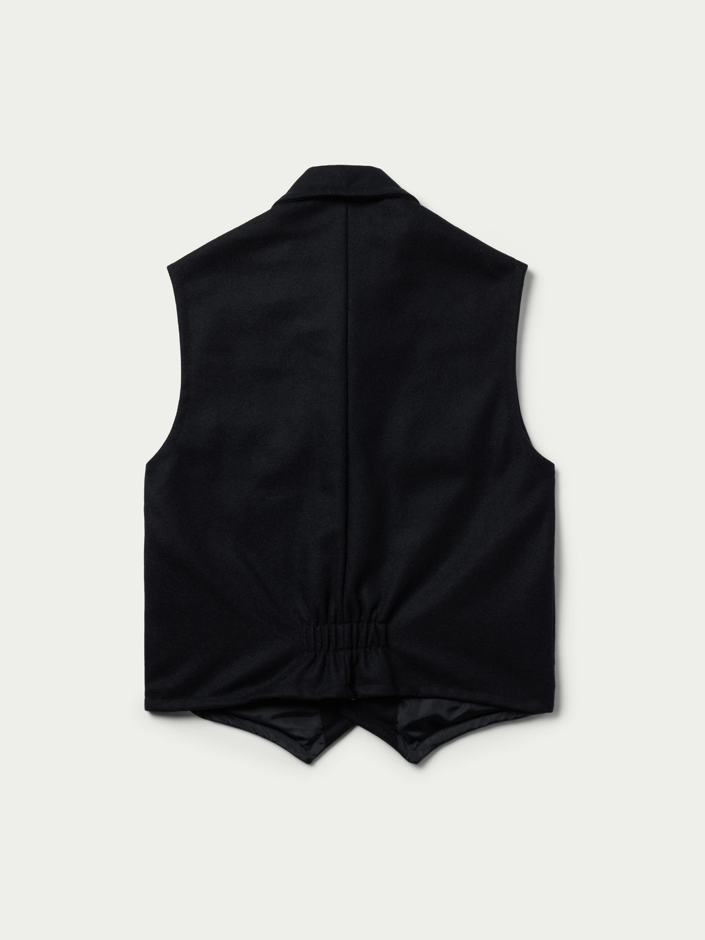Black wool vest, sleeveless with stand collar and gathered waist back hem