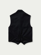 Black wool vest, sleeveless with stand collar and gathered waist back hem