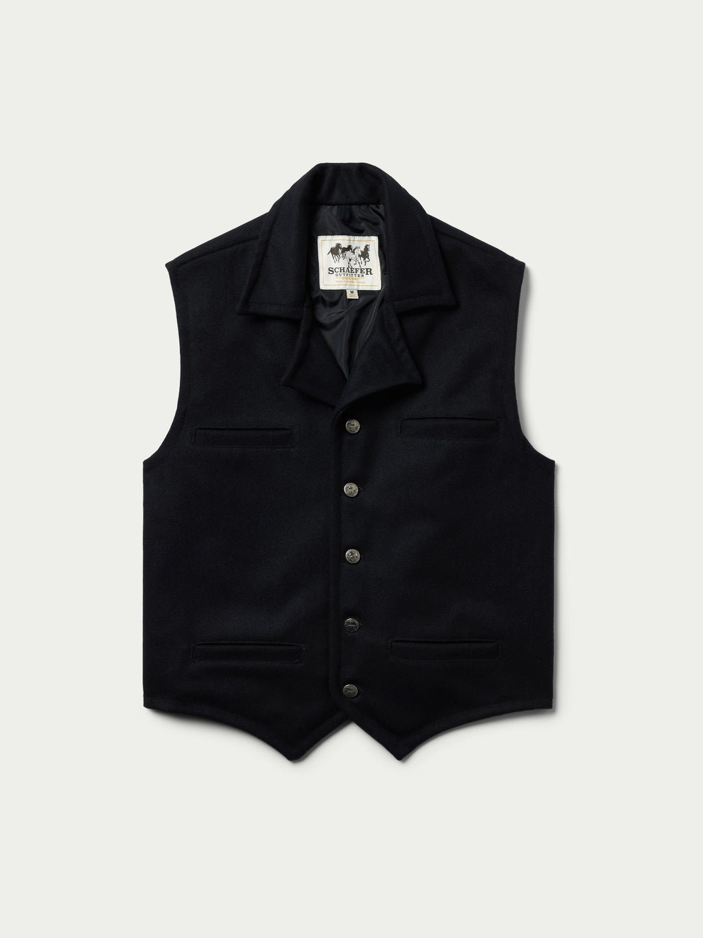 Black wool vest with button front, pointed collar, and two chest pockets