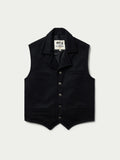 Black wool vest with button front, pointed collar, and two chest pockets