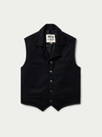 Black wool vest with button front, pointed collar, and two chest pockets