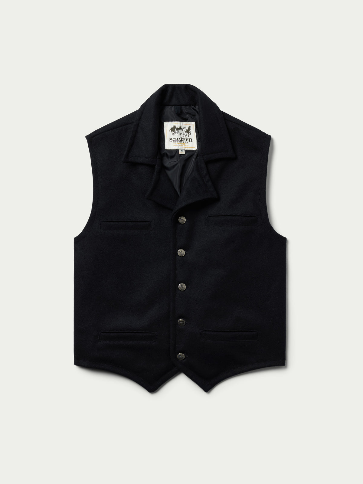 Black wool vest with button front, pointed collar, and two chest pockets