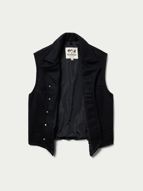 Black wool vest, open front view with buttons, pockets, and inner lining