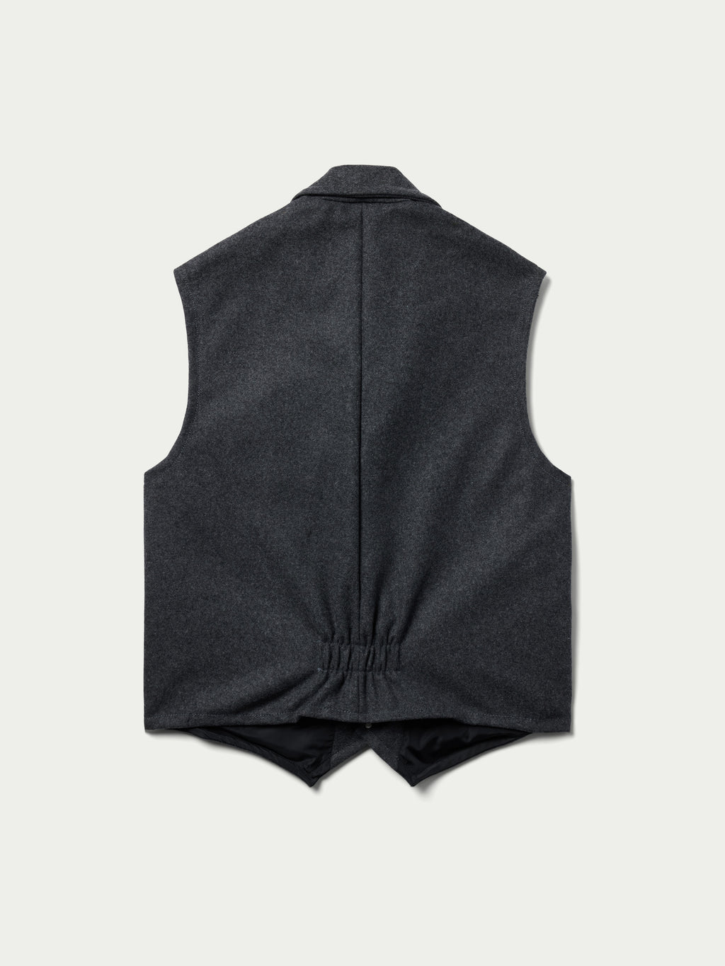 Charcoal wool vest with V-neck, lapels, and button-front closure