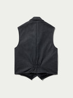 Charcoal wool vest with V-neck, lapels, and button-front closure